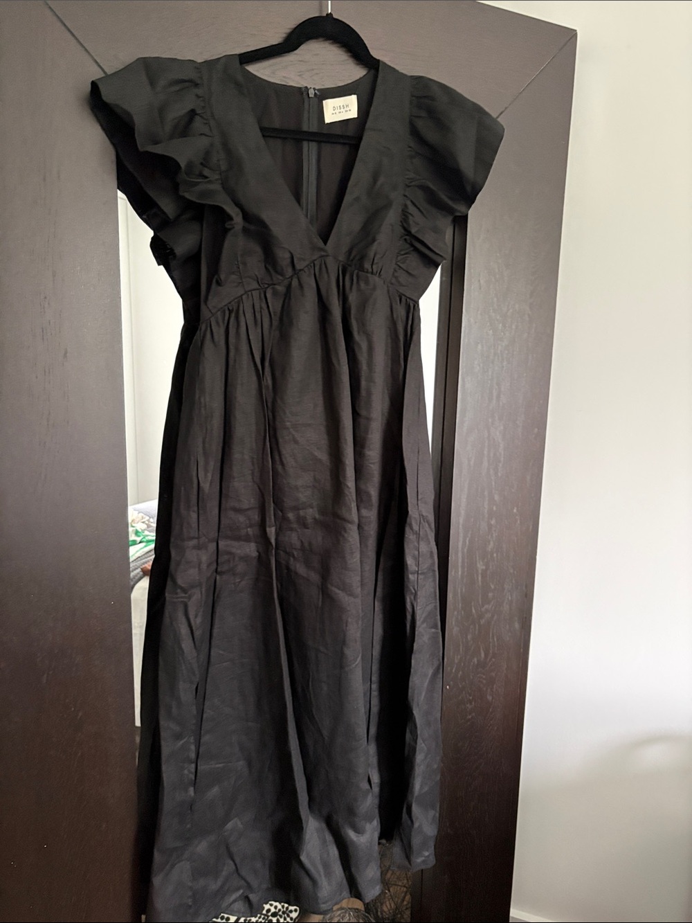 DISSH Black Ruffle Sleeve V-Neck Maxi Dress